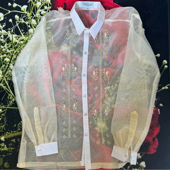 Plus size - Men’s Beige Pina Organza Barong Tagalog Full Open w/ embroidery - Picture 6 of 9